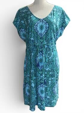 TOMMY BAHAMA Dress Batik Print Knit Green Blue Cap Sleeve Drawstring Waist Large